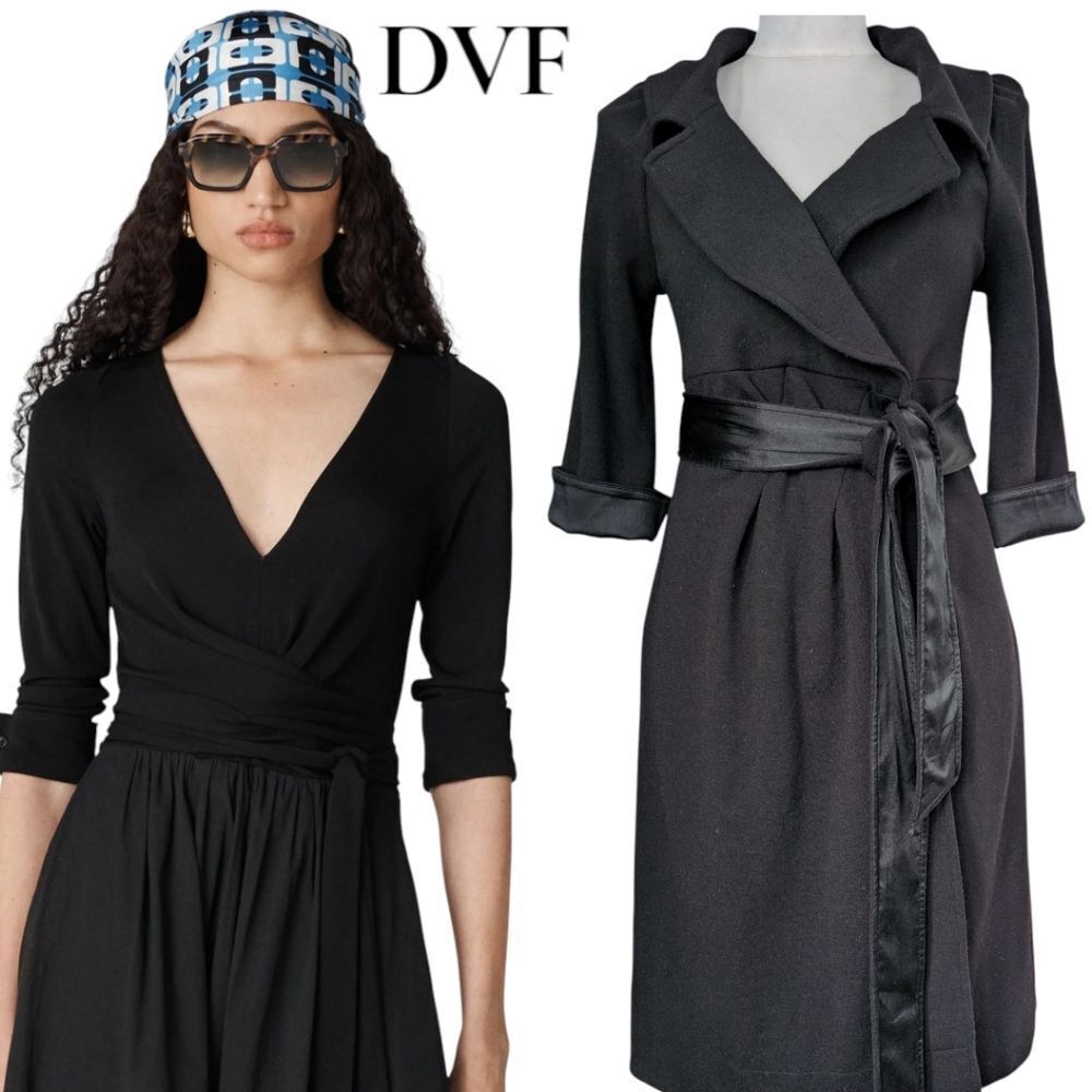 Dvf Black Wool Blend Black Wrap Dress Knee Length Xs